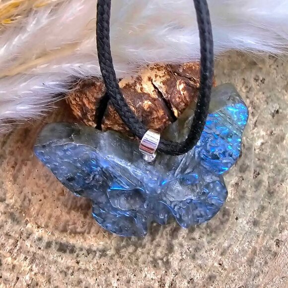 Nature Labradorite Carved Hidden Skull Butterfly Pendant Necklace - Picture 9 of 10